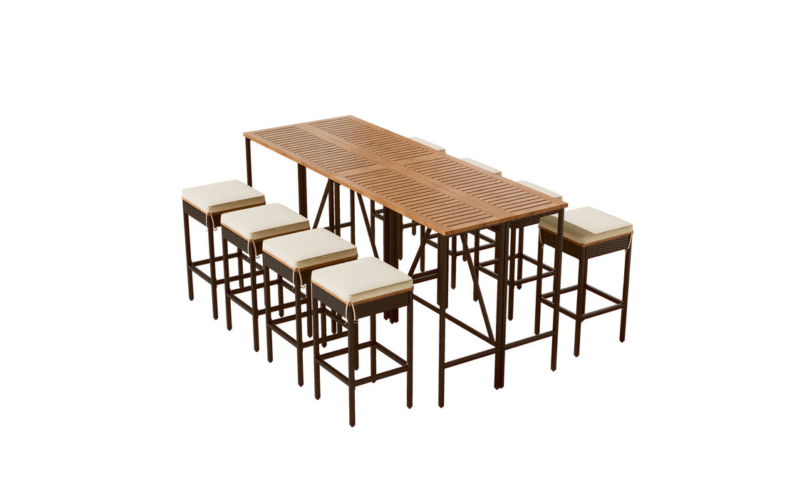 Outdoor Acacia Wood Bar Height Table And Eight Stools With Cushions