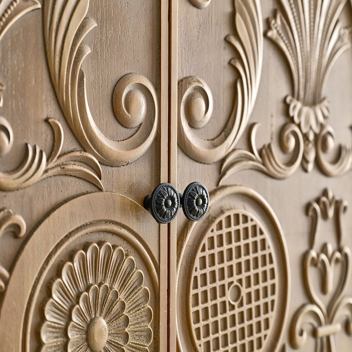 Arched Flower Carved Door Accent Sideboard Cabinet With 1 Drawer And Shelf, Cabinet For Kitchen - Natural / White