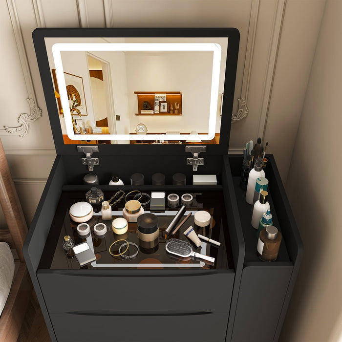 Flip Mirror Vanity Desk With Adjustable LED Lights & Stool For Bedroom