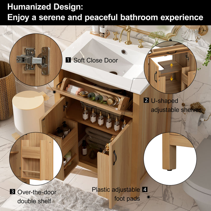 Bathroom Vanity With Flip Drawer, 2 Soft Close Doors, Adjustable Shelf And Ceramic Sink