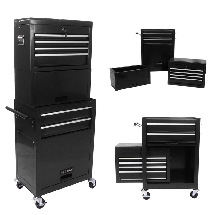 6 Drawer Lockable Tool Cabinet On Wheels, Steel Rolling Tool Chest With Detachable Toolbox