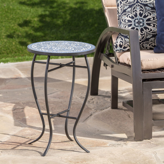 Outdoor Round Side Table With Mosaic Style Top And Curved Iron Legs