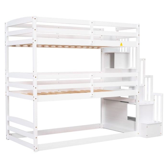Twin Size Triple Bunk Bed With Storage Staircase, Separate Design - White