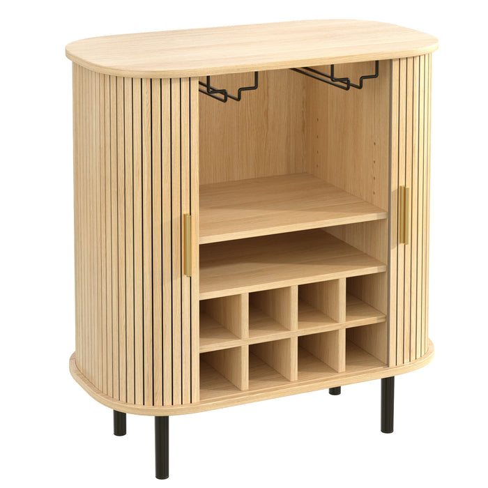 Fluted Wine Bar Cabinet With 8 Grid Wine Rack, 5 Level Adjustable Shelves, 2 Glass Holders