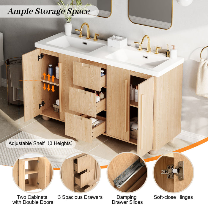 Double Sink Bathroom Vanity With Sinks, Soft Close Doors & 3 Drawers - Wood