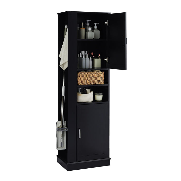 Tall Freestanding Bathroom Storage Cabinet With Adjustable Shelves And Side Hooks Board, Rectangle Design