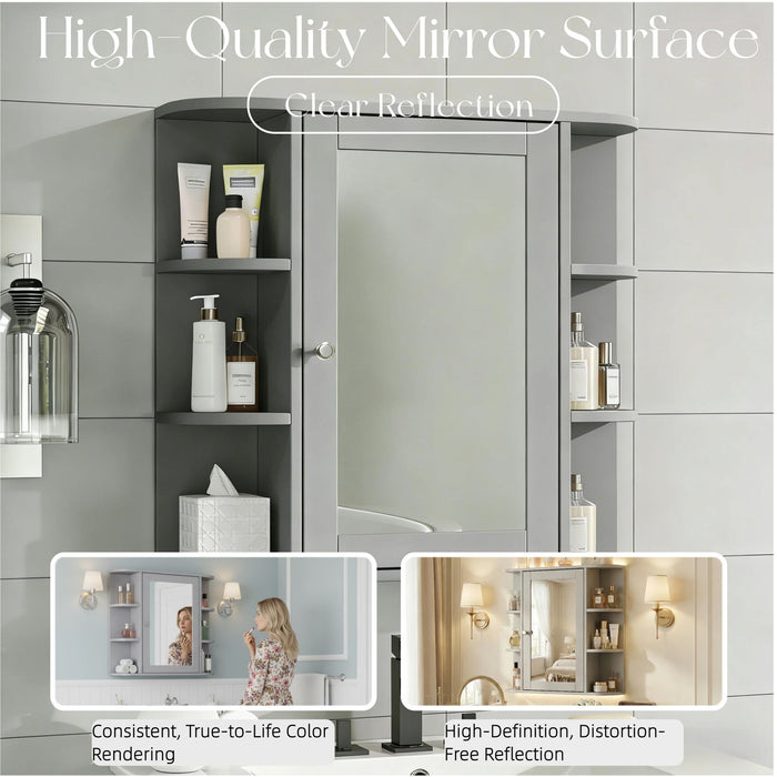 Bathroom Wall Storage Cabinet With Mirror And Adjustable Shelf, 6 Open Shelves