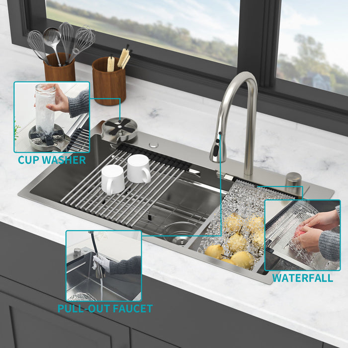 33" Stainless Steel Single Bowl Kitchen Sink With Waterfall Flow