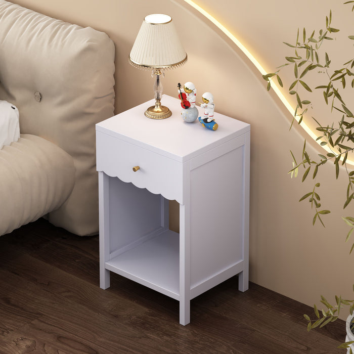 Nightstand With Drawer And Open Shelf, Scalloped Edge Bedside Table