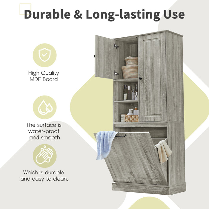 Modern Tall Storage Cabinet With Adjustable Shelves, Flip-Out Basket & Enclosed Doors