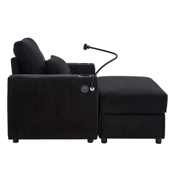 Modern Style Armchair Chaise Lounge Sofa Couch With Movable Storage Ottoman, USB Ports, Cup Holders, Phone Holder, Side Pockets