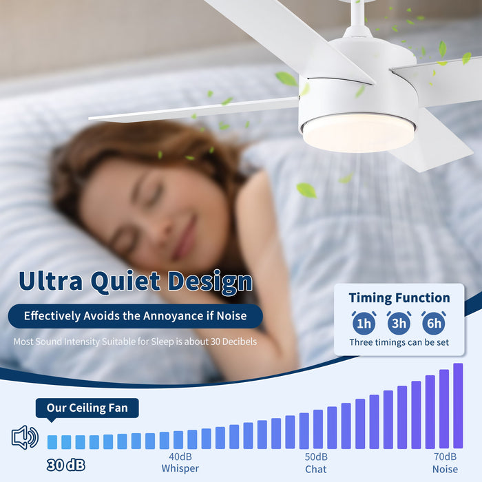 Ceiling Fan With Remote Control, Reversible DC Motor, 6 Speeds, 3 Dimmable LED, Quiet Timer For Indoor - White