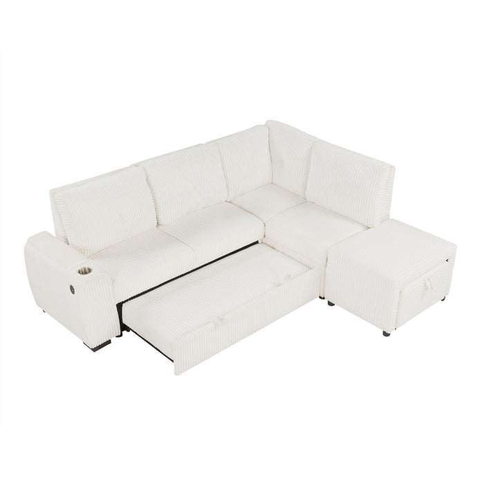 Pull-Out L-Shaped Sectional Sofa With Movable Ottoman And Stool, Large Storage Space, A Cup Holder, And 2 USB Ports For Living Room