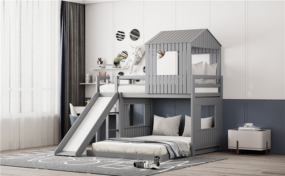 Loft Bunk Bed With Playhouse, Farmhouse, Ladder, Slide And Guardrails