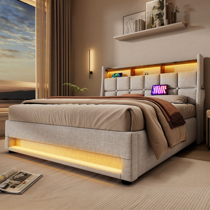 Platform Bed With Hydraulic Storage, LED Lighting & Charging Station