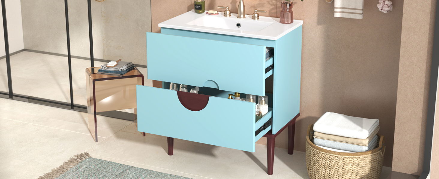 Bathroom Vanity Cabinet With Ceramic Sink Combo Set, Frame Modern Bathroom Storage Cabinet With 2 Drawers - Blue