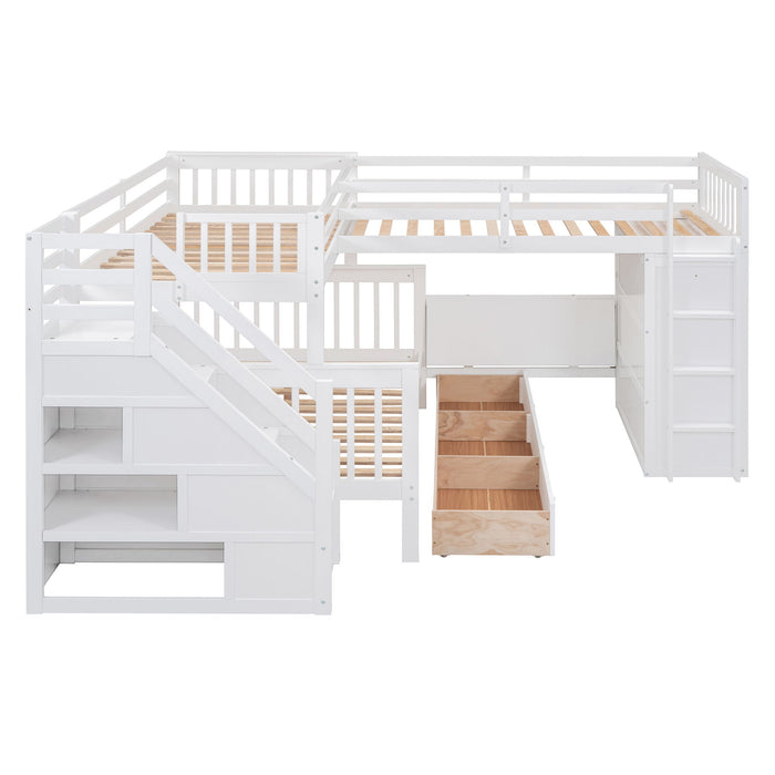 L Shaped Bunk Bed With 3 Drawers, Portable Desk And Wardrobe