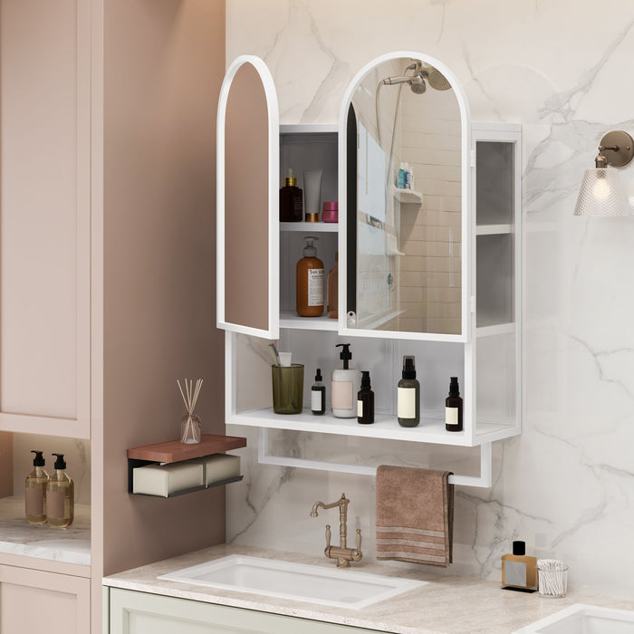 Double Arched Mirror Wall Cabinet With 2 Doors, Featuring Adjustable Shelves And Towel Rack