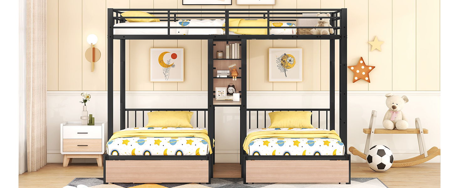 Triple Bunk Bed With Drawers, Multi-Functional Frame With Desks And Shelves In The Middle