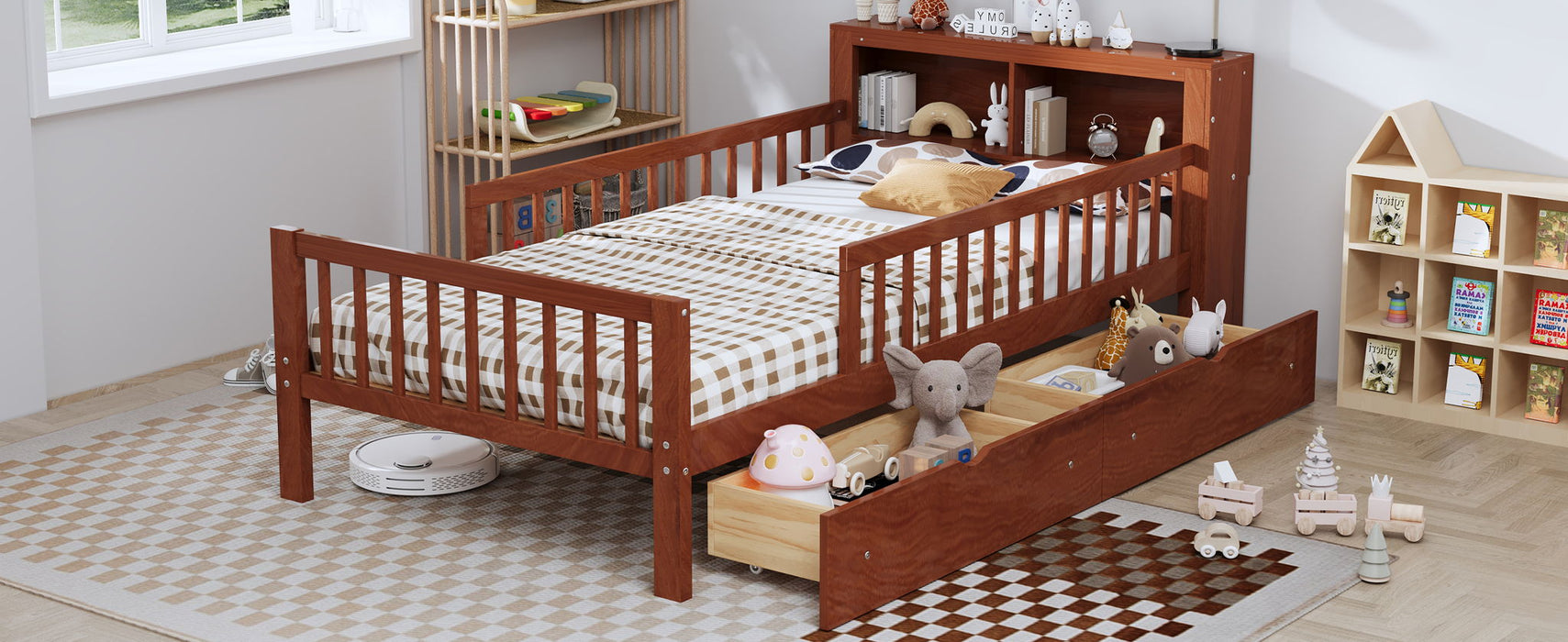 Bed With Headboard Storage Rack, 2 Under Bed Drawers, 3 Side Guardrails For Safety