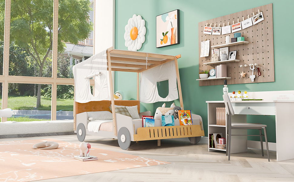 Twin Size Car Bed & Pillow, Ceiling Cloth And LED - Natural