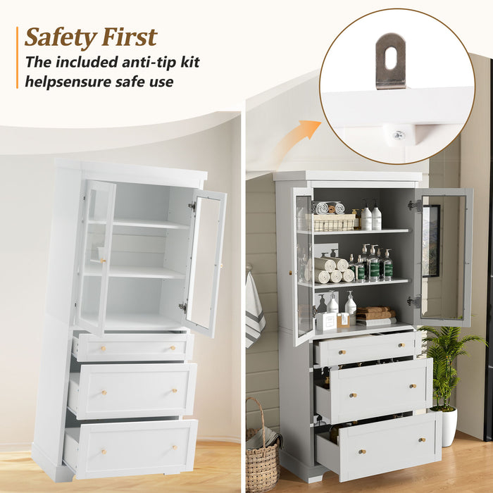 Freestanding Tall Bathroom Cabinet With Adjustable Shelves, Drawers, Soft Close Glass Doors