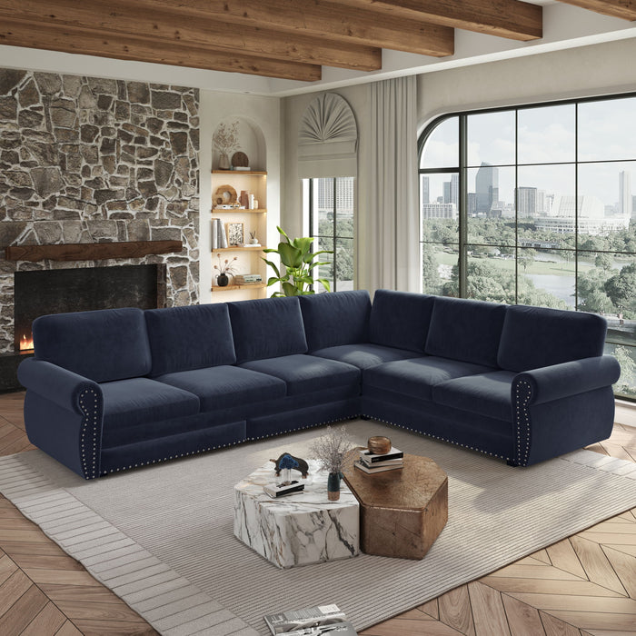 L-Shaped Sofa Couch With Pull Out Bed With Nailhead Trim & Rolled Arm