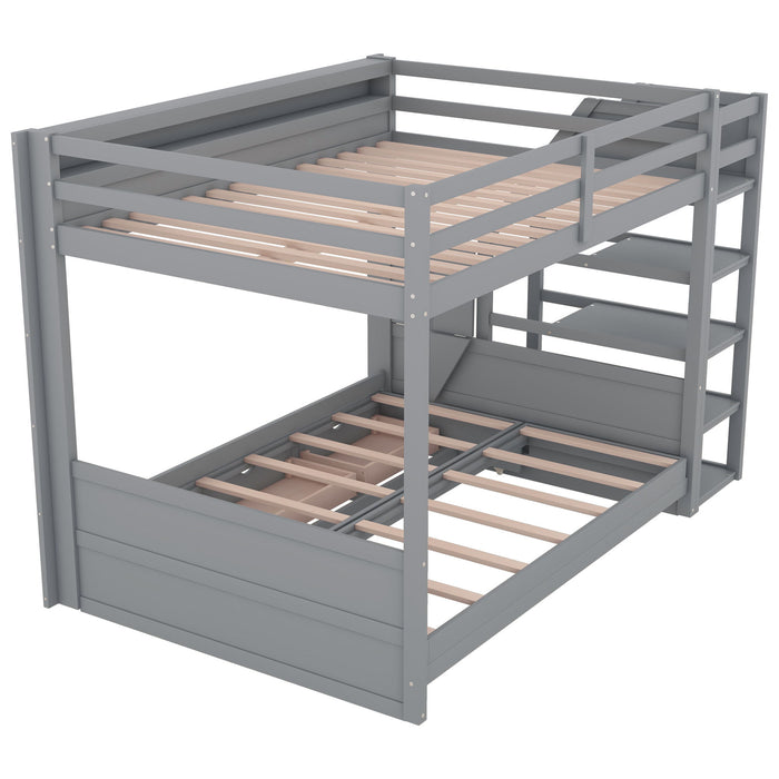 Wood Full Size Convertible Bunk Bed With Storage Staircase, Bedside Table, And 3 Drawers - Gray