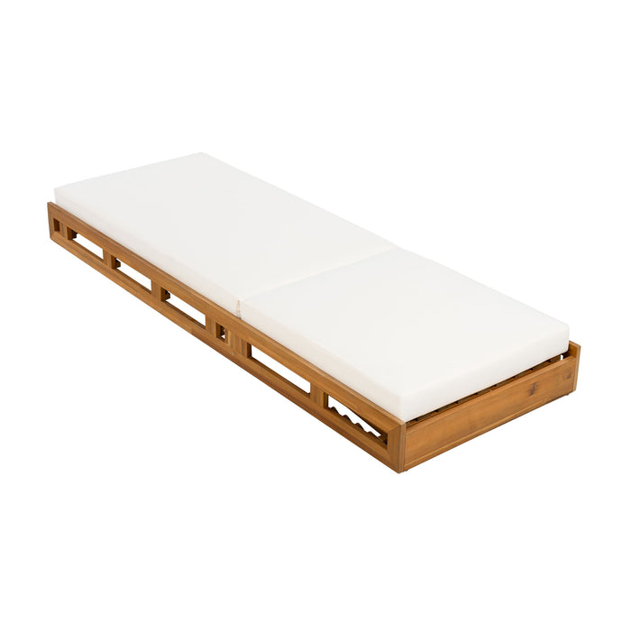 Premium Acacia Wood Lounge Chaise Set With Water Resistant Cushions, Adjustable Recline - Cream / Teak