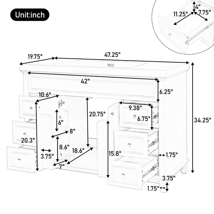 Bathroom Vanity & Sink, 6 Soft Close Drawers & Double Doors - White