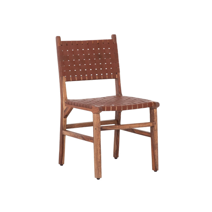 Rustic Wooden Dining Chair (Set of 2) With Genuine Leather Woven Upholstery - Brown