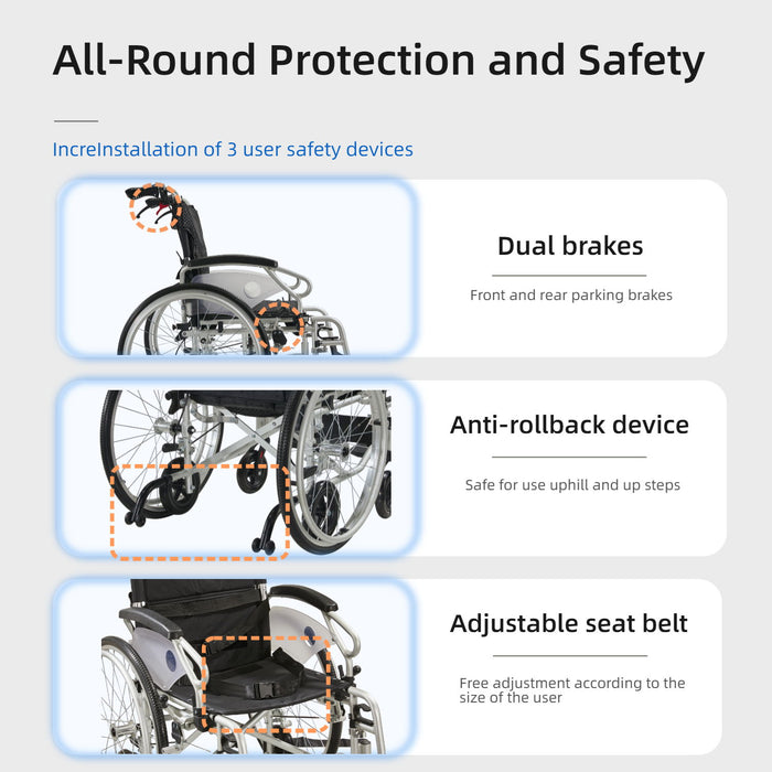 Innovative 6 Wheel Transport Wheelchair Lightweight Foldable Design With Dual Brakes Breathable Seat Anti Backflip Safety Perfect - Black / Silver