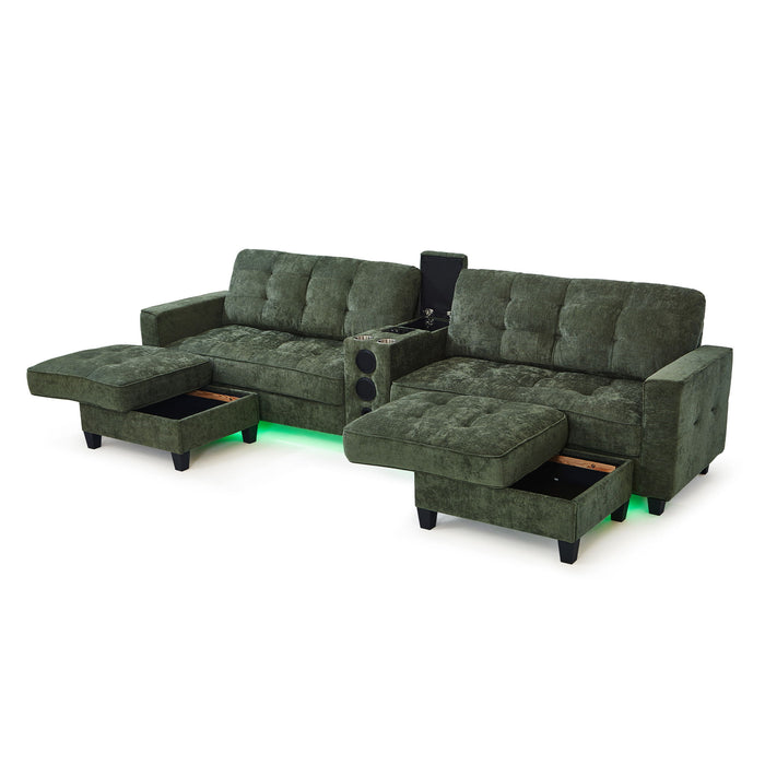 Modern Sectional Sofa U-Shaped With Movable Ottomans, Bluetooth Speakers, LED Lights And Modular Storage
