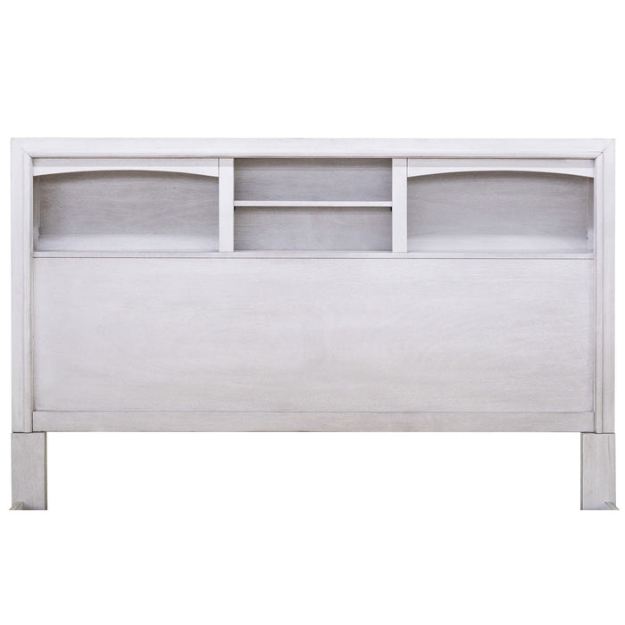 Transitional Bed With Smooth Gliding Drawers, Built In Lights, Open Headboard Shelves