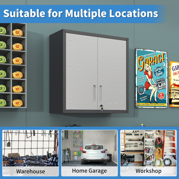 Metal Wall Mounted Tool Storage Cabinet With 2 Locking Doors, Adjustable Shelf, And Drawer