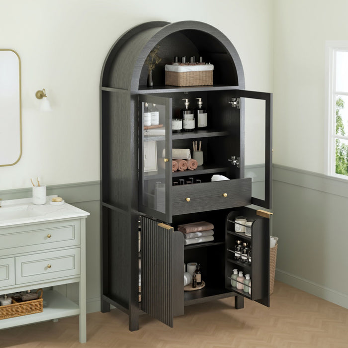 Fluted Tall Arched Pantry Cabinet With Adjustable Shelves, Glass Door & Hidden Drawer For Kitchen