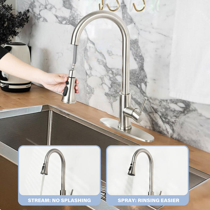 Classic High Arc Kitchen Faucet With Pull Down Sprayer, Stainless Steel - Brushed Nickel