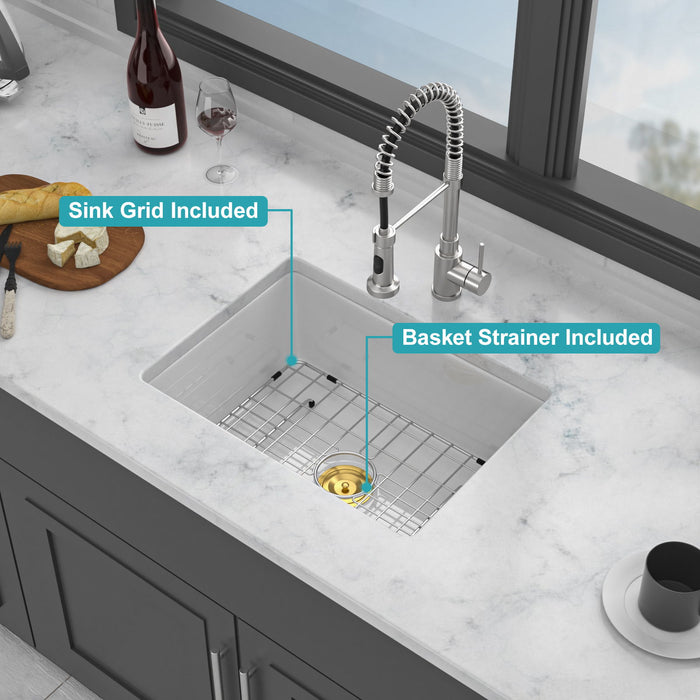 Rectangular Deep Single Bowl Kitchen Sink, Undermount Top Mount Porcela Stainless Steel Grid - White