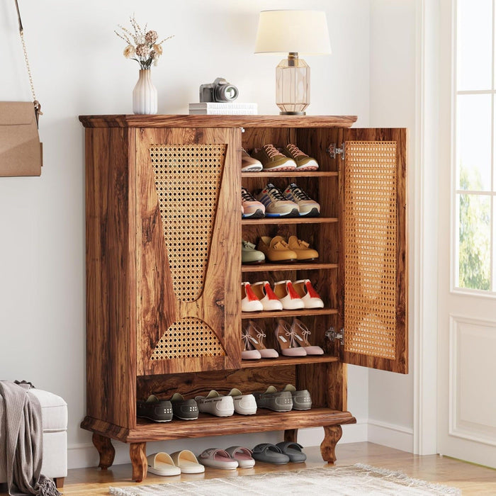 Shoe Cabinet With 5 Tier Freestanding Organizer, Ventilated Doors - Natural Wood