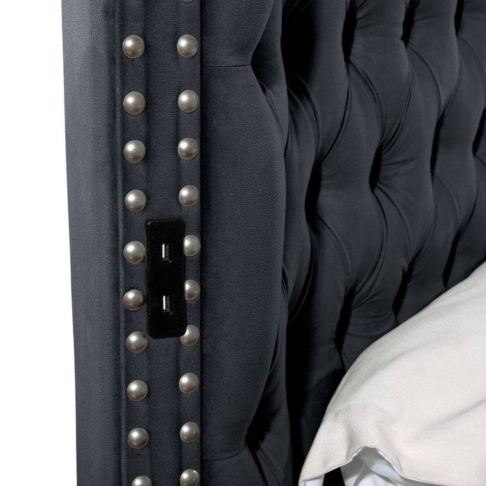Hazel - Queen Size Tufted Storage Bed & Bluetooth Speakers, USB Port - Black