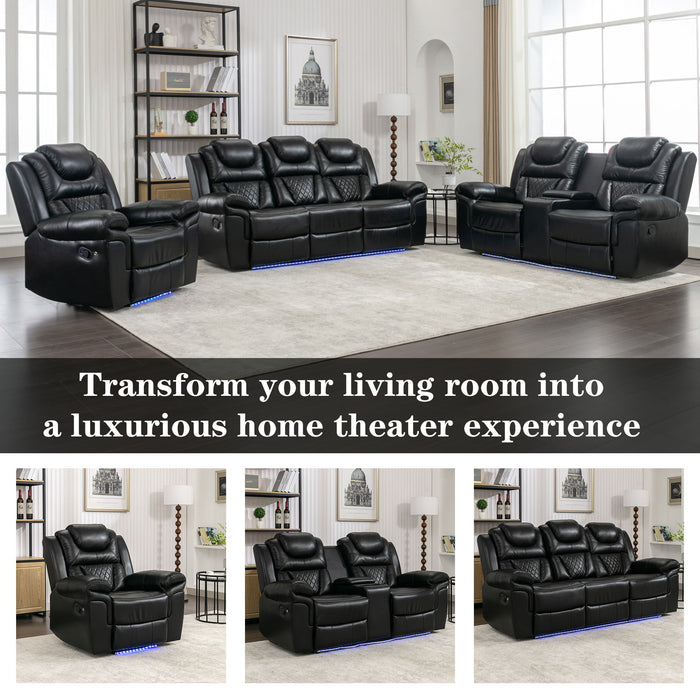 3 Pieces Recliner Sofa Sets Home Theater Seating Manual Recliner Chair With Center Console And LED Light Strip For Living Room