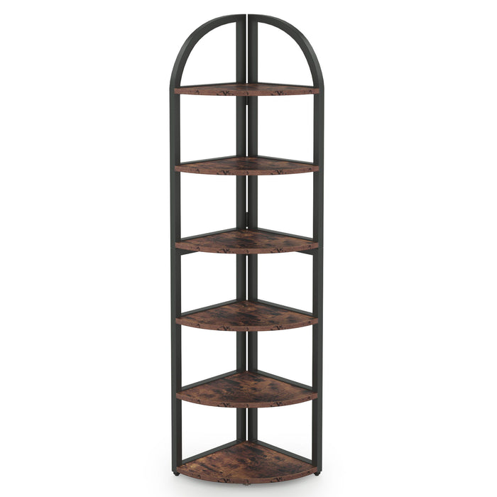 Tall 6 Tier Corner Shelf, Freestanding Bookshelf For Living Room - Rustic Brown
