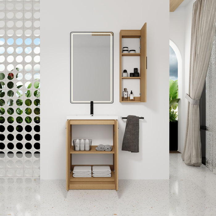 Freestanding Bathroom Vanity Set With Tall Linen Cabinet, Single Sink, Extra Storage, Soft Close Doors - Glossy White / Light Oak