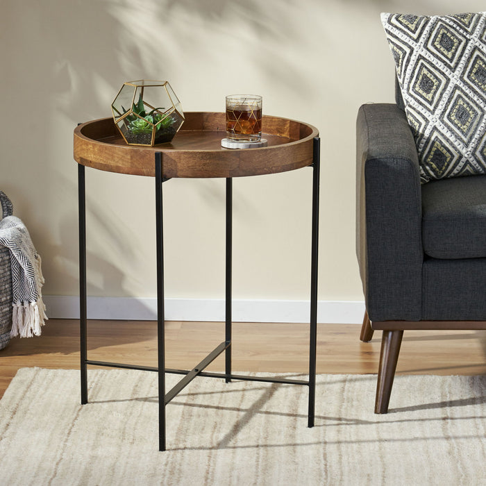 Modern Industrial Round End Table With Tray Top And Foldable Iron Legs - Natural