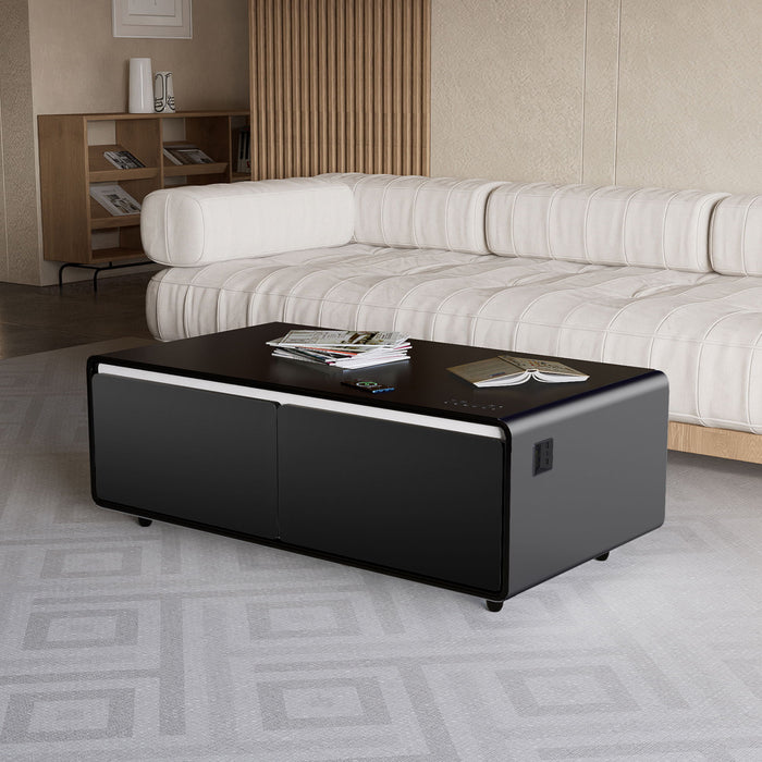 Modern Smart Coffee Table With Built-In Fridge, tooth Speaker, Wireless Charging Module, Touch Control Panel, Power Socket, USB Interface, Outlet Protection, Atmosphere Light