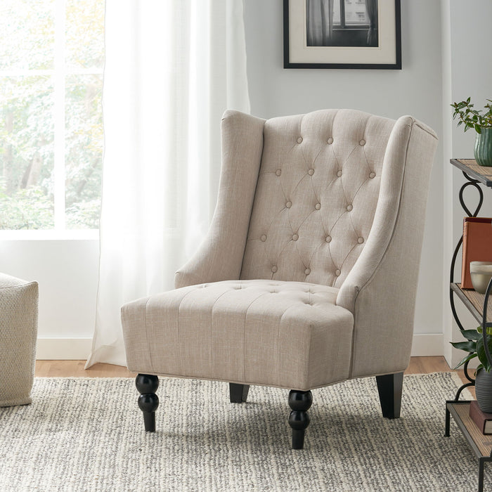 Contemporary Hi Back Club Chair With Wingback Design - Light Beige
