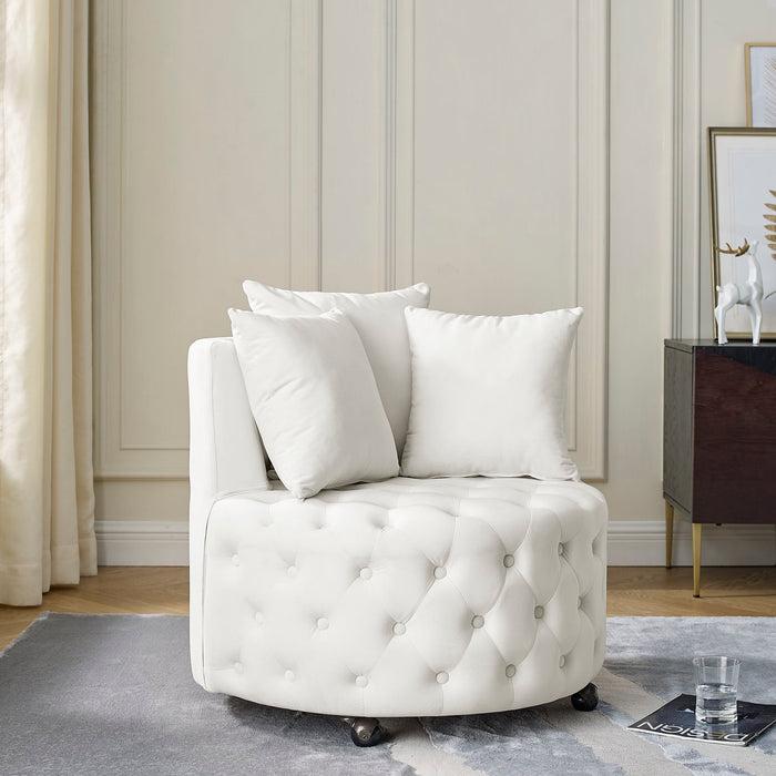 Modern Upholstered Swivel Chair With Button Tufted Design And Movable Wheels