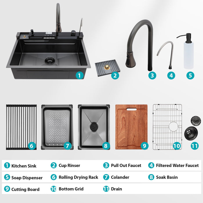 30" Whale Digital Waterfall Sink With LED Display, 16 Gauge Single Bowl Ledge Workstation - Gunmetal Black