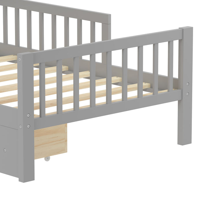Bed With Headboard Storage Rack, 2 Under Bed Drawers, 3 Side Guardrails For Safety