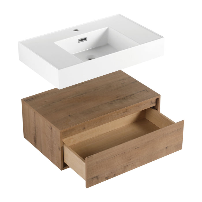 Modern Imitative Wall Mounted Bathroom Vanity With Resin Sink & 2 Side Cabinet, Soft Close Drawer - Imitative Oak